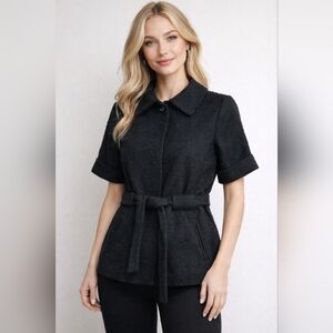 Merona Blk Wool Blend Textured Short Sleeve Belted Jacket Women's S, Office Chic